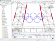 Model programu RFEM olympijských kruhů před Eiffelovou věží v Paříži s nosnou konstrukcí a ocelovými pruty