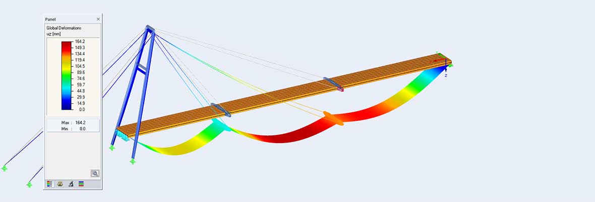 Pylonbrücke "Walsersteg" über die Loisach | RFEM-Modell mit Verformung | Ingenieurbüro Robert Buxbaum, Wolfratshausen
