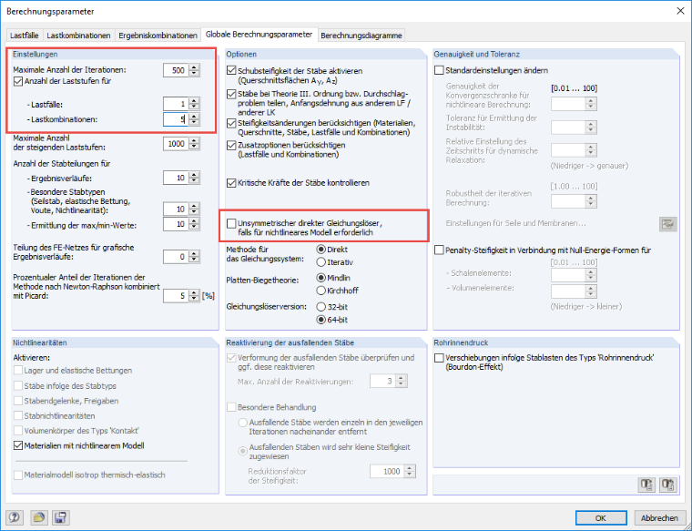 Dialog für die Berechnungsparameter