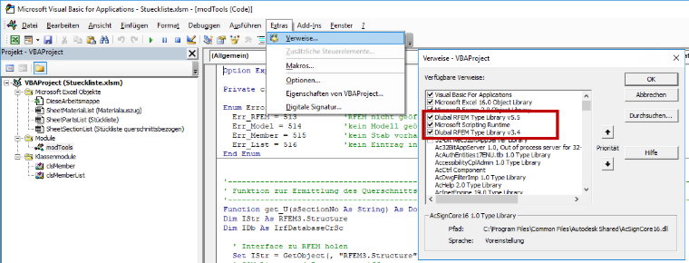 Dlubal RFEM Type Libraries und Microsoft Scripting Runtime einbinden