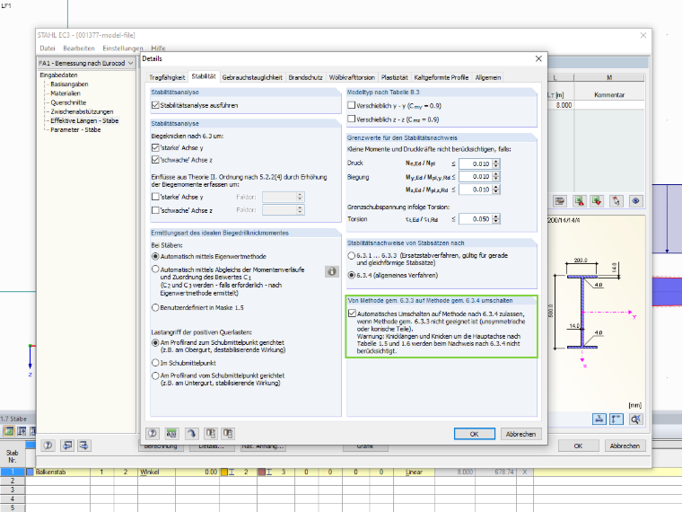 Option Umschalten in den Bemessungsdetails