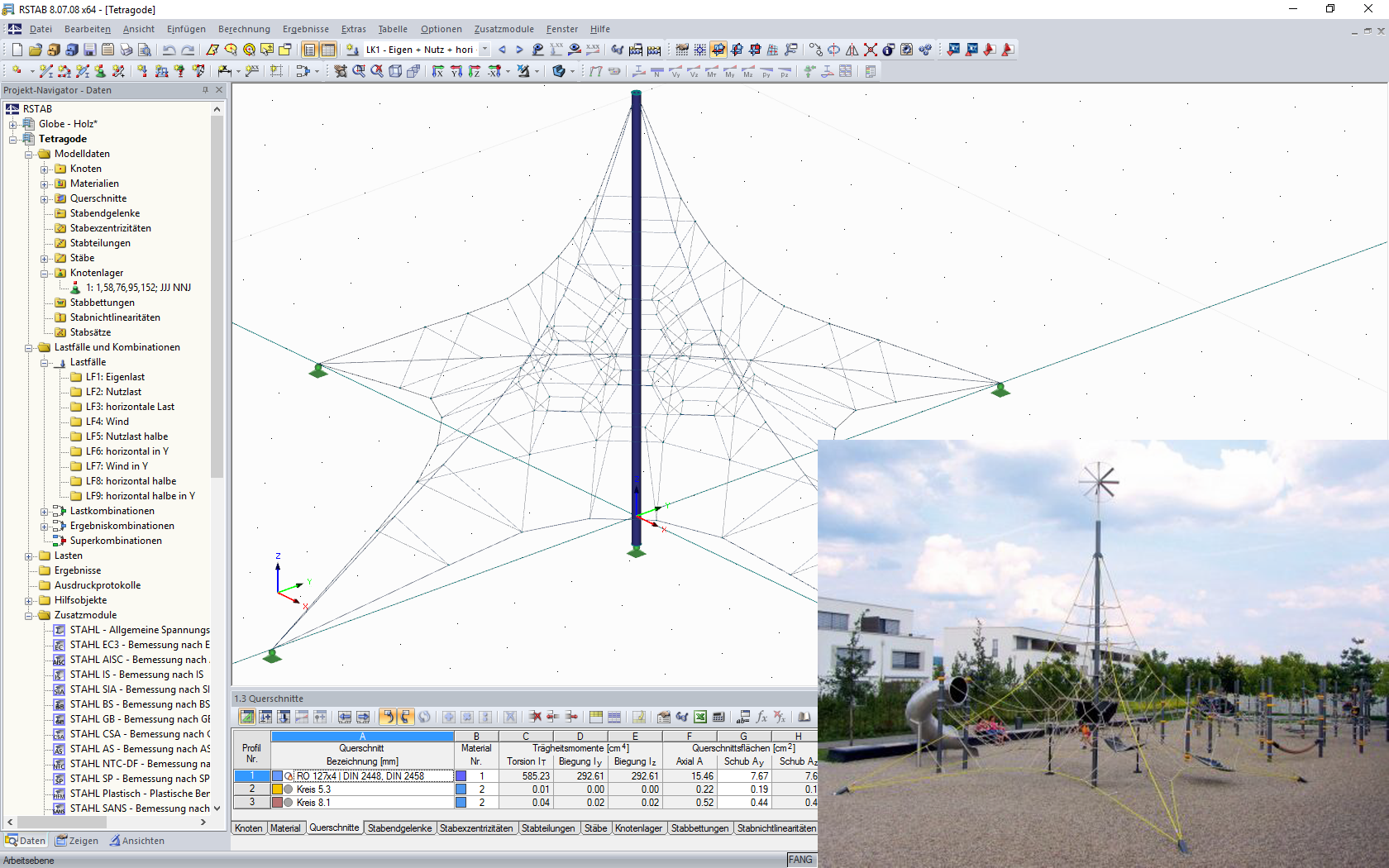 3D-Modell und Foto einer „Tetragode“ (© Screenshot: Dipl.-Des. Heinz Bornemann, Bad Bentheim / © Bild: Berliner Seilfabrik)