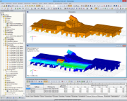 3D-Modell (oben) und in RF-DYNAM berechnete Eigenform (unten) der Holztragkonstruktion in RFEM (© Dr. Ing. Berger, Dr. Ing. Gadner Meran)
