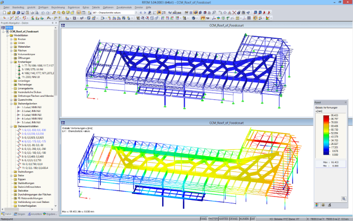 Modell des Food Court-Daches in RFEM mit Verformungsergebnissen (© Obermeyer a.s.)
