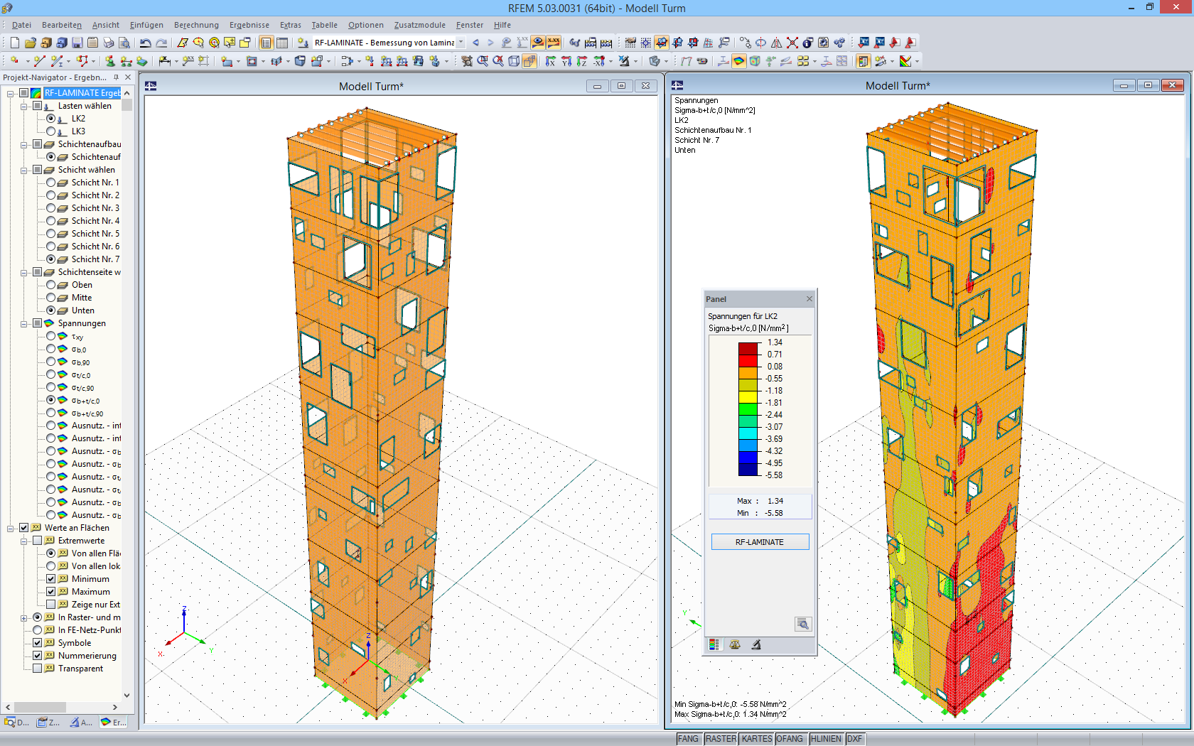 Modell des Außenturms sowie Bemessungsergebnisse von RF-LAMINATE in RFEM (© Wirth)