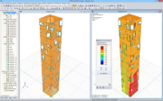Modell des Außenturms sowie Bemessungsergebnisse von RF-LAMINATE in RFEM (© Wirth)