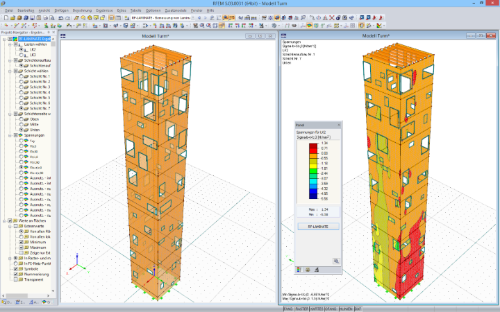 Modell des Außenturms sowie Bemessungsergebnisse von RF-LAMINATE in RFEM (© Wirth)