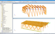 RFEM-Modell der Bergstation (oben) und der Talstation (unten) (© Indermühle Bauingenieure)