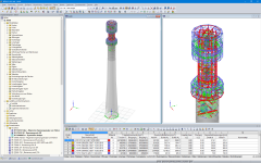 Das Turmmodell im RFEM-Programm (der ganze Turm links, Detail des Stahlteils rechts) (© Allcons s.r.o.)
