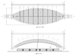 Zeichnungsausschnitt mit Draufsicht (oben) und Schnitt durch das Dach (unten, © FHS Ingeniería Estructural Ltda.)