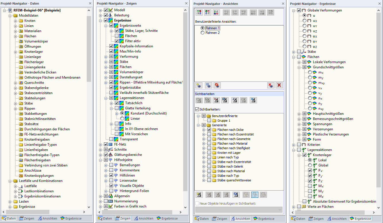 Register "Daten", "Zeigen", "Ansichten" und "Ergebnisse" des Projekt-Navigators
