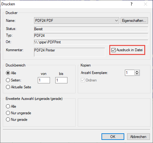 Ausdruck in Datei