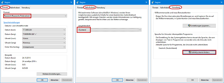 Register im "Region" Dialog