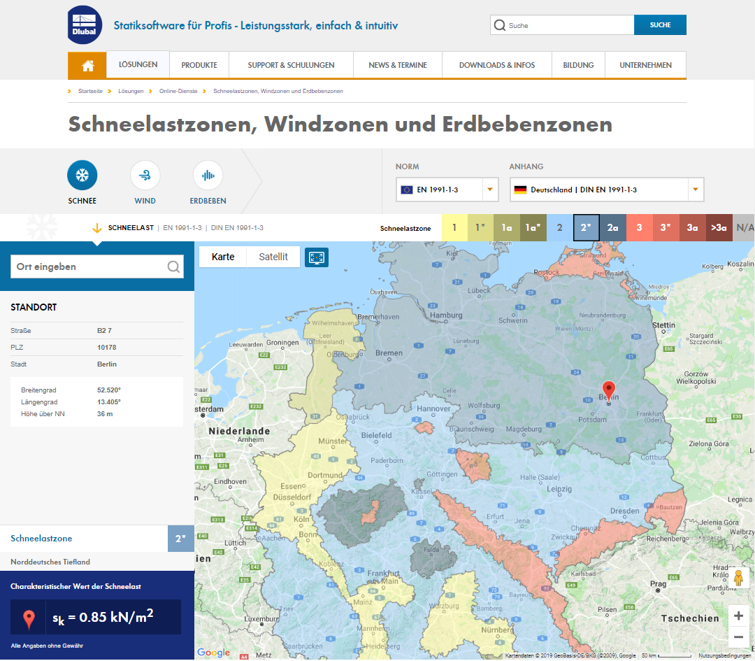 Standort in Deutschland über Google Maps finden und die entsprechende Schneelast ermitteln.