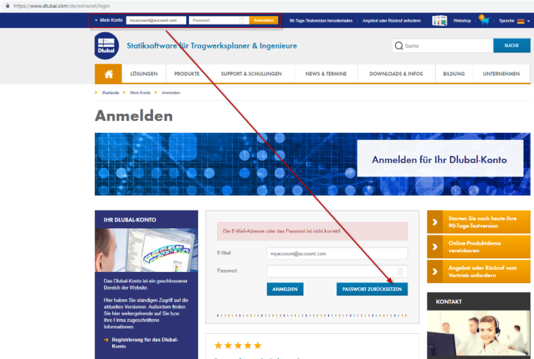 Dlubal-Konto: Passwort bei Erstanmeldung zurücksetzen
