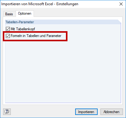 Importieren von Microsoft Excel - Einstellungen