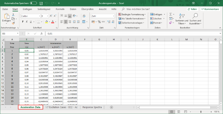 Beschleunigungsdaten in Excel