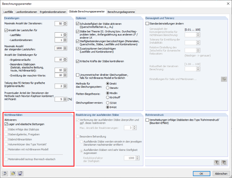 Berechnungsparameter mit den Nichtlinearitäten in der eingegebenen Struktur