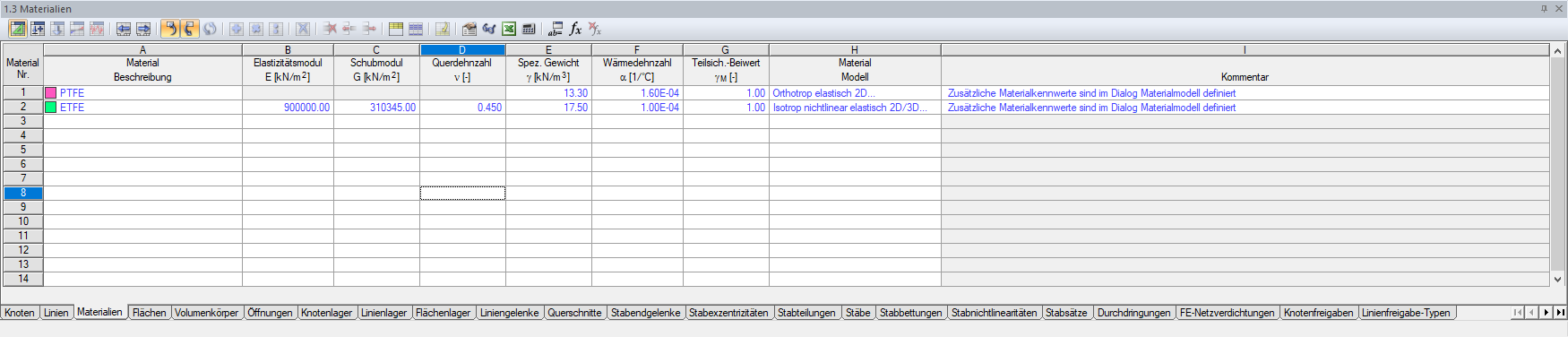 Eingabe in Tabelle "1.3 Materialien"