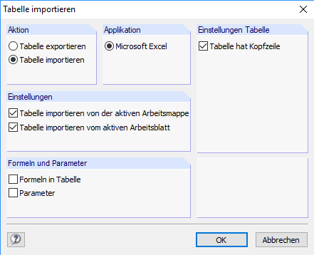 Tabelle importieren Dialog