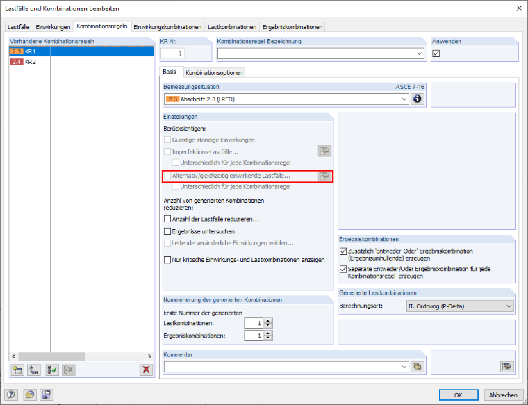 Register "Kombinationsregeln" für ASCE 7