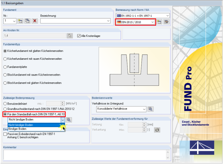Eingabedialog 1.1 - Basisangaben in RF-/FUND Pro