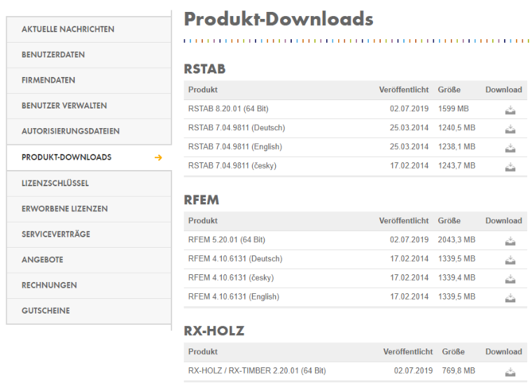 Produkt-Downloads im Dlubal-Konto