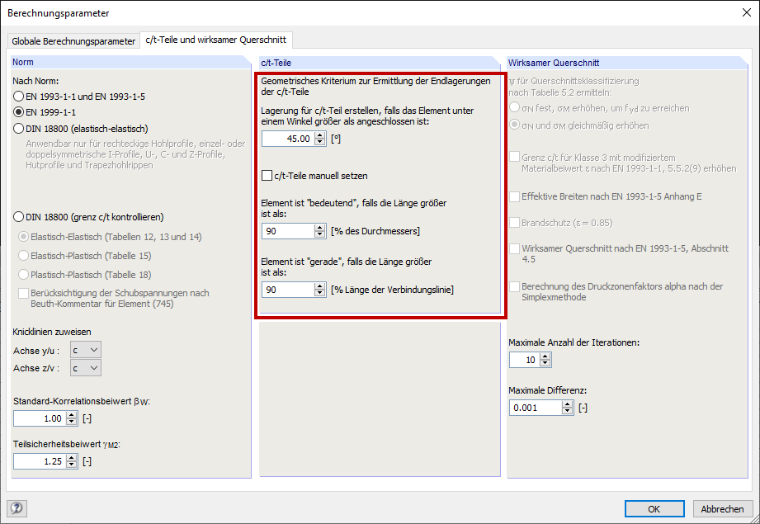 Dialog Berechnungsparameter, Register c/t-Teile und wirksamer Querschnitt
