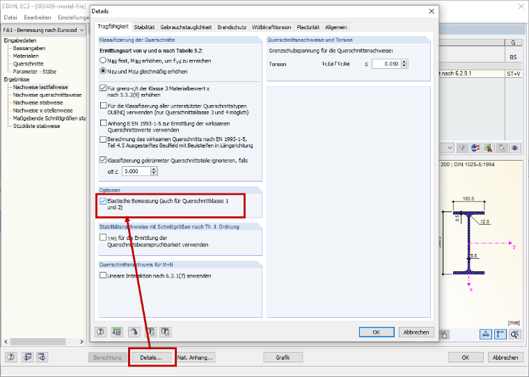 Option "Elastische Bemessung"