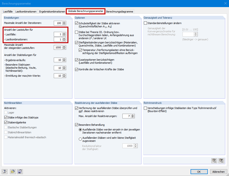 Globale Berechnungsparameter mit Definition der Laststufen