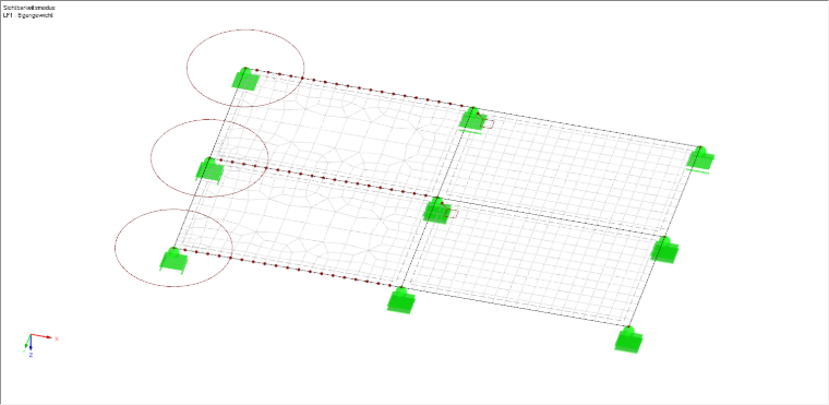 Flächenmodell mit FE-Netz-Verdichtungen an Knoten, Linien und Flächen