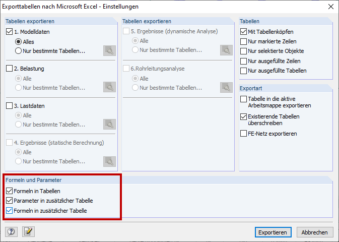 Exporttabellen nach Microsoft Excel - Einstellungen