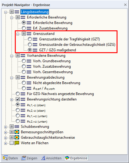 Ergebnis-Navigator für die Ergebnisse aus RF-BETON Flächen