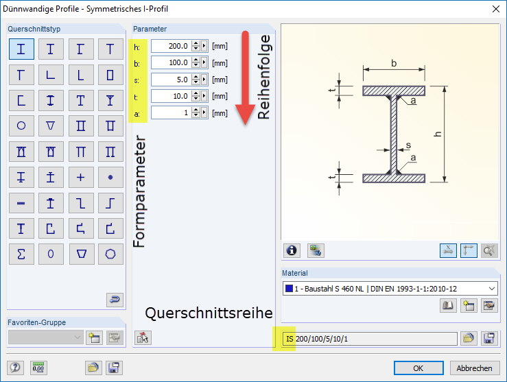 Parameter und Reihenfolge von regulär parametrisch definierten Querschnitten