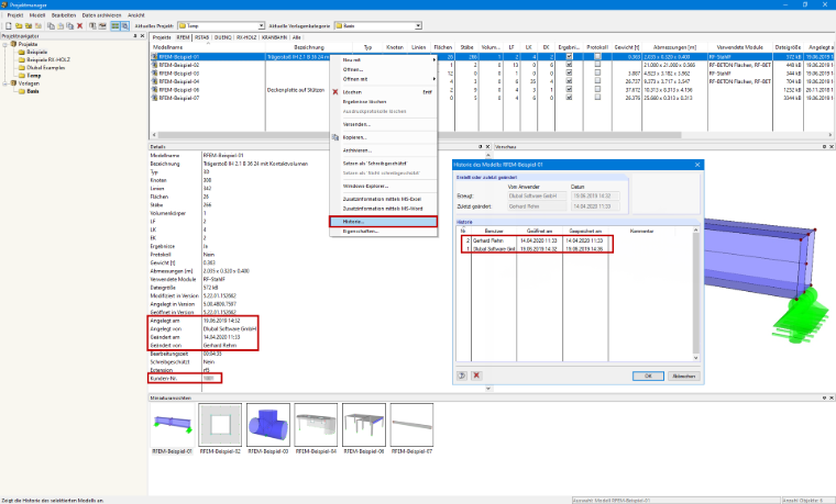 Aufruf der Historie über den Projektmanager