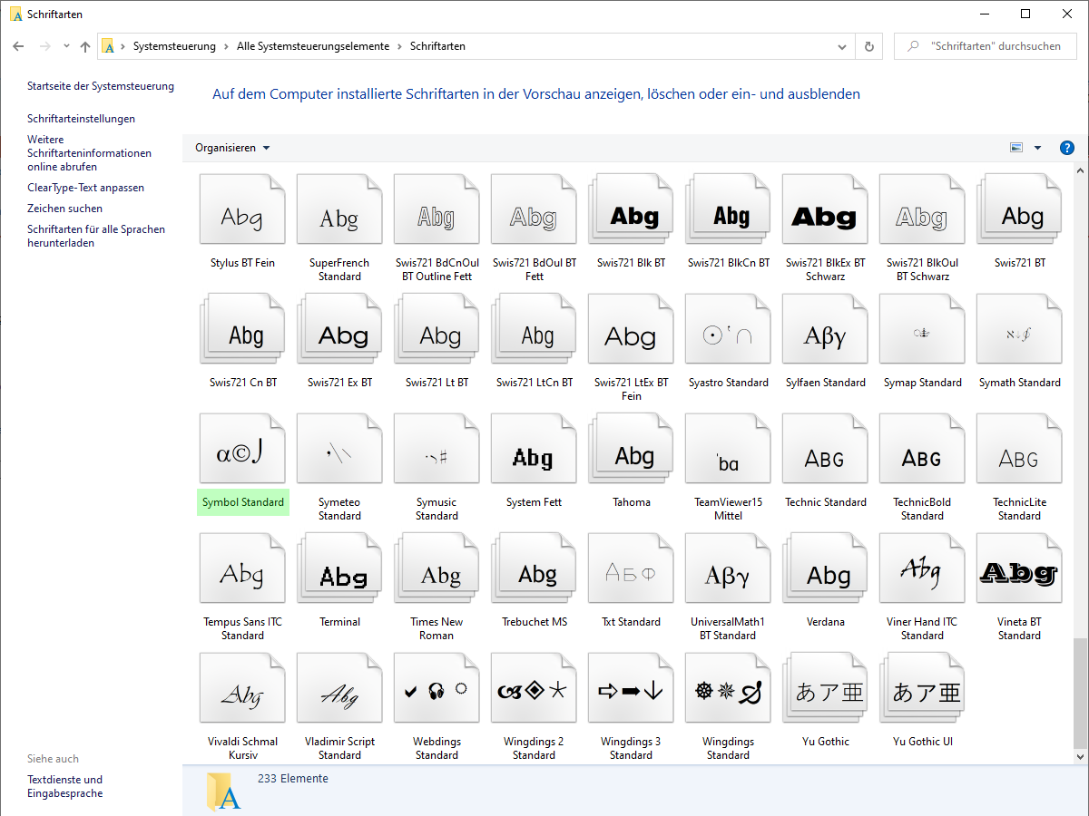 Auszug der Schriftarten in Windows 10 mit der Schriftart "Symbol Standard"
