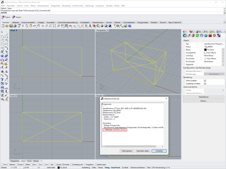 Hüllkörper Abmessung in Rhino 6
