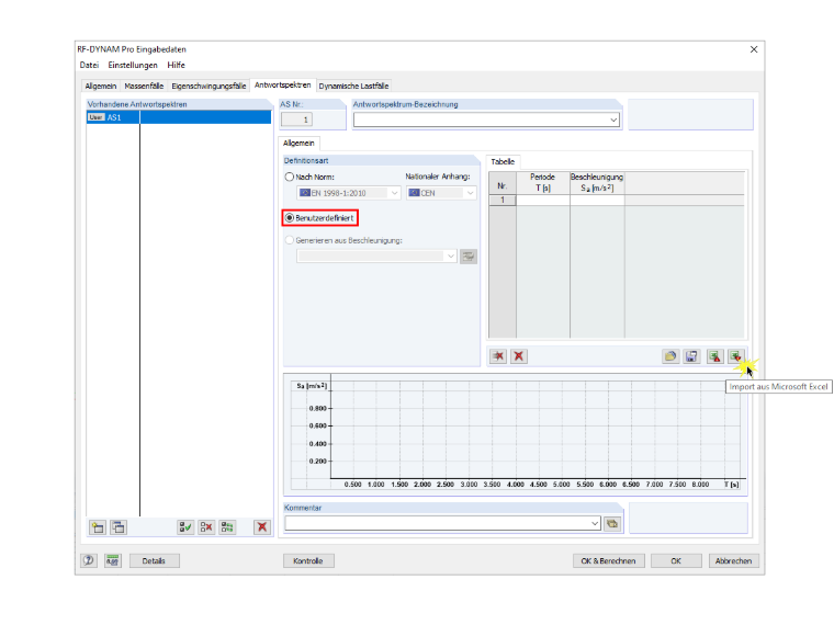 Import der Parameter eines benutzerdefinierten Antwortspektrums aus Excel