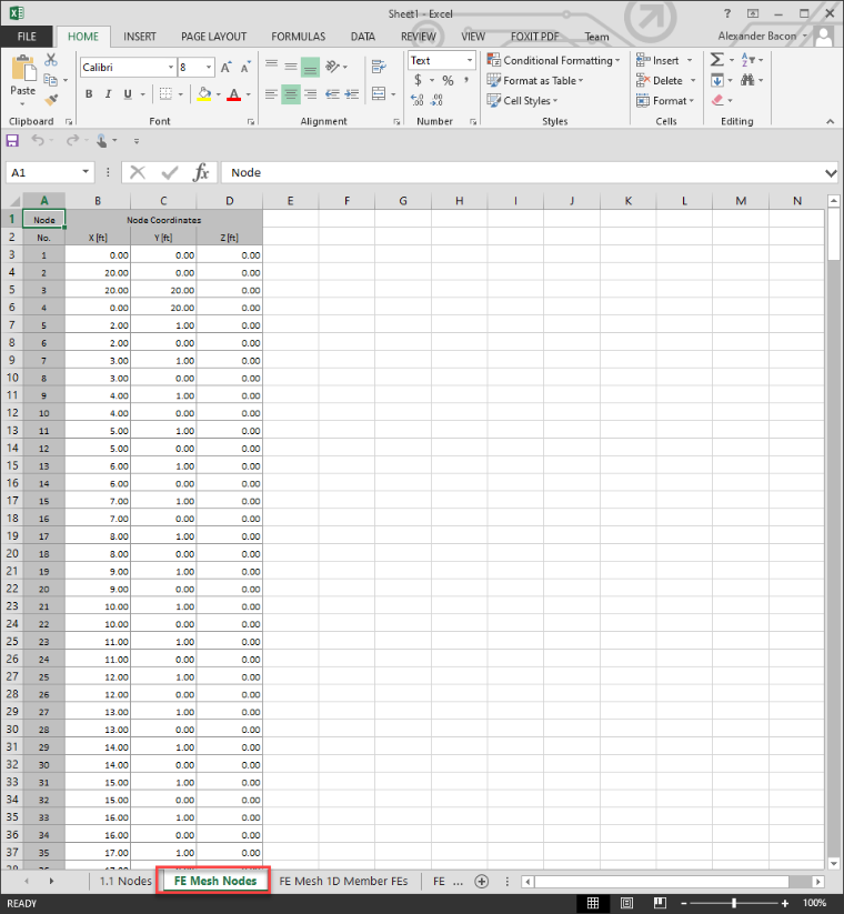 Exportierte FE-Netz-Koordinaten in Excel