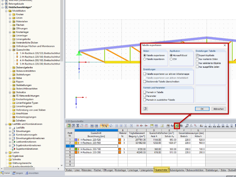 Querschnittsdaten exportieren an Excel