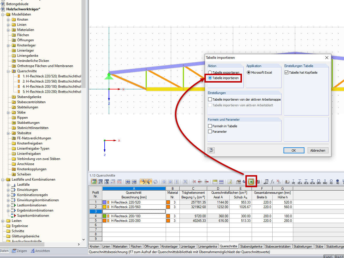 Beide Tabellen müssen wieder in RFEM bzw. RSTAB importiert werden