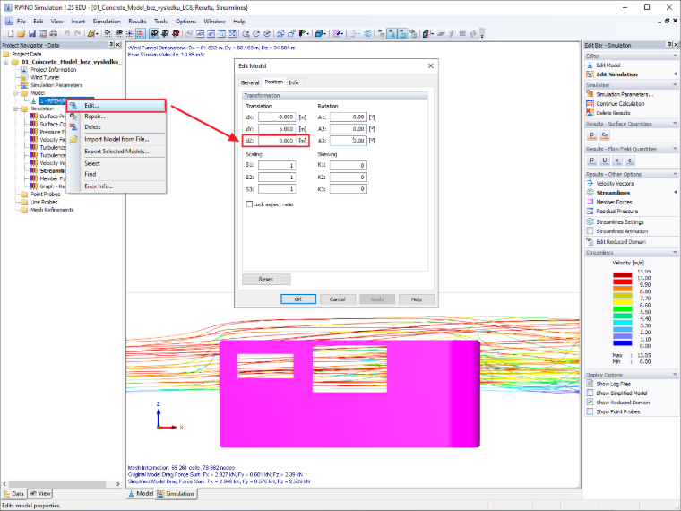 Die Lage des importierten Modells kann direkt in RWIND Simulation über das Dialogfenster "Modell bearbeiten" berücksichtigt werden.