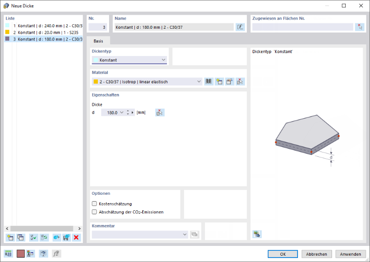 Dialog 'Neue Dicke'