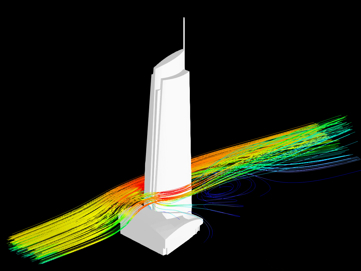 Wilshire Grand Center mit Ergebnissen aus der Windsimulation