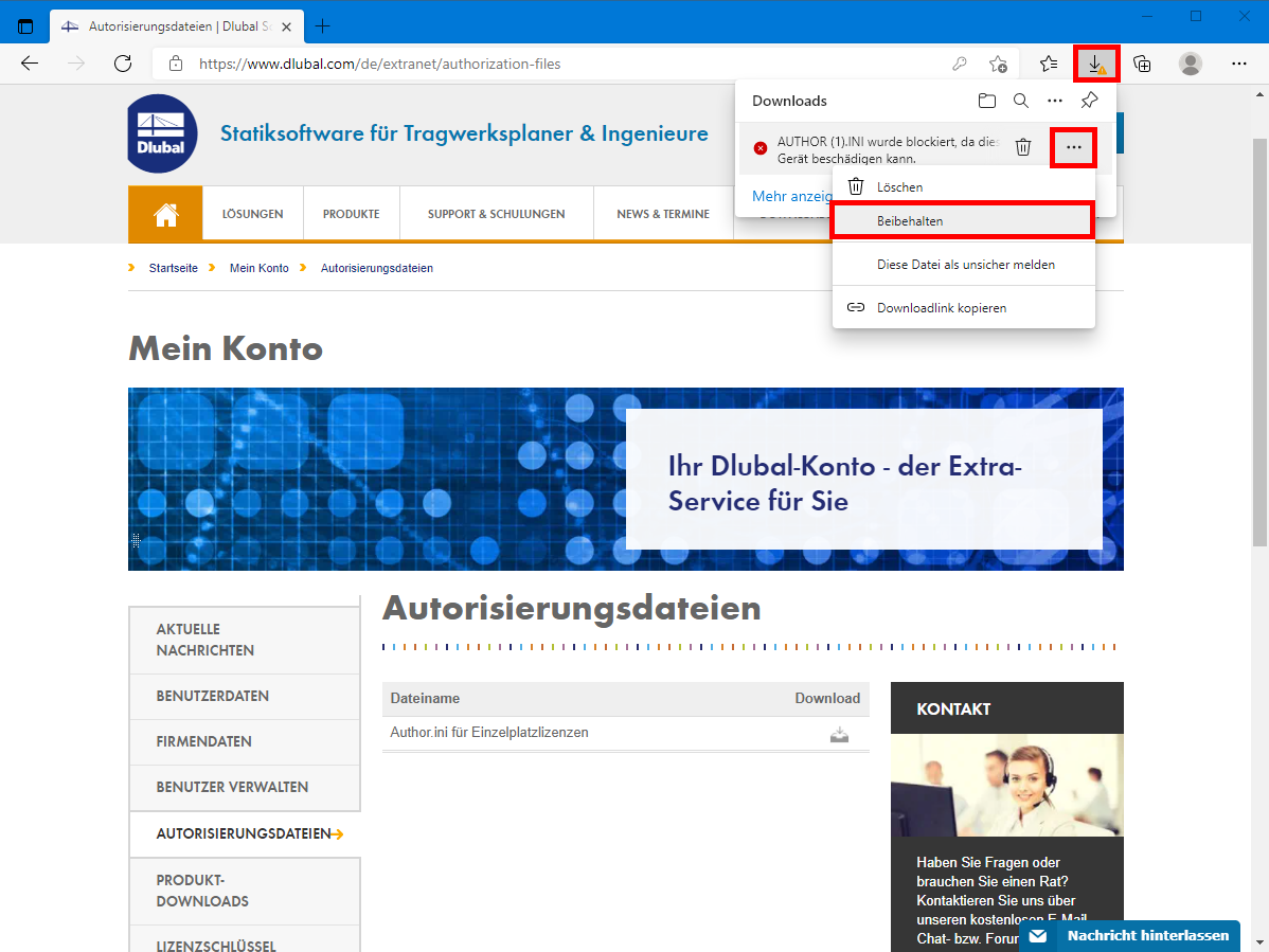 FAQ 005015 | Ich kann die Autorisierungsdatei nicht herunterladen bzw. wird diese vom Browser blockiert. Wie komme ich an die Datei?