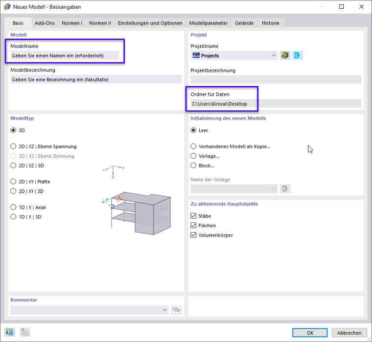 Dialog 'Basisangaben', Register 'Basis'