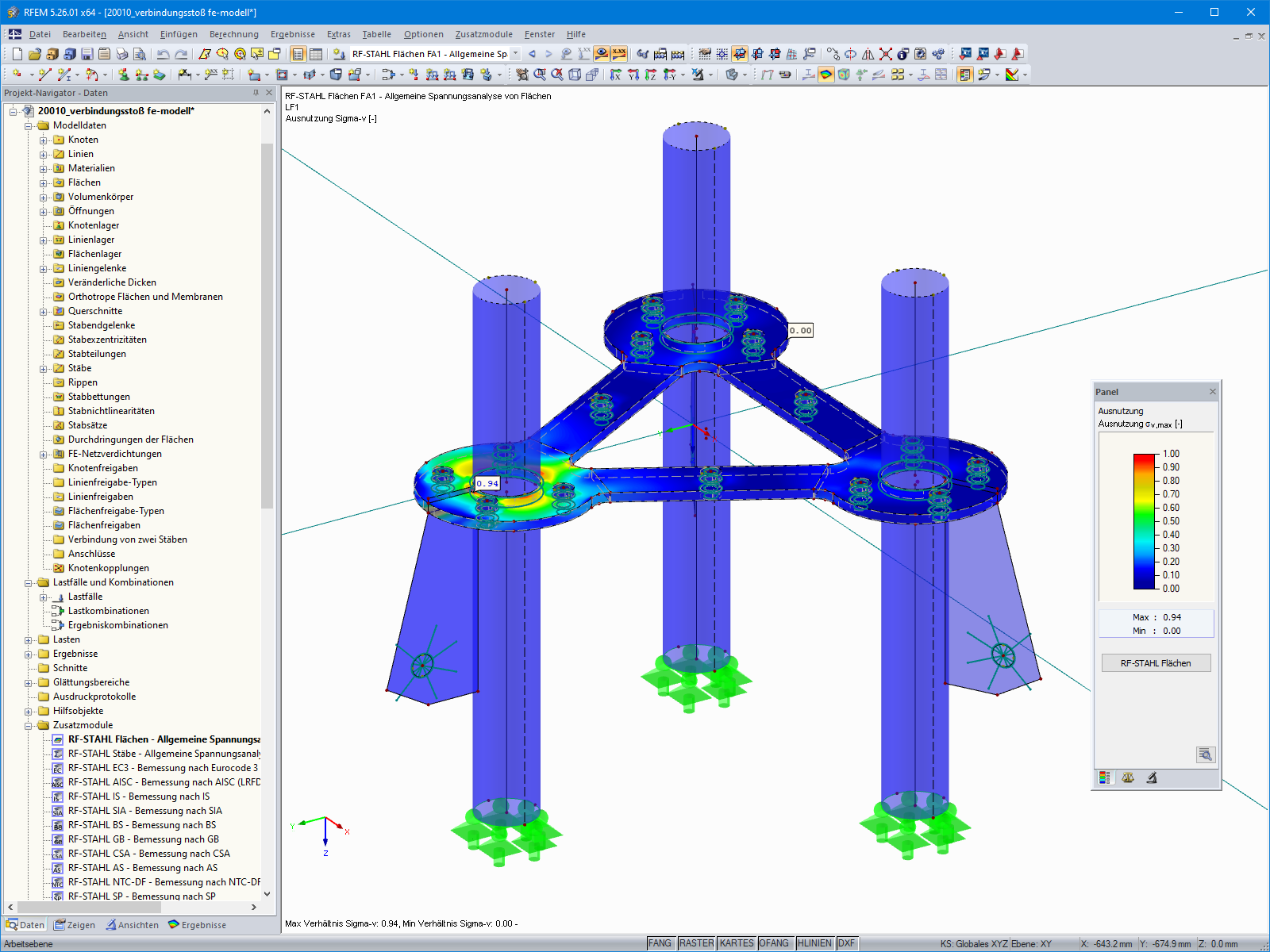 Stahlspannungen des Stützenfußpunktes in RFEM (© m3-ZT GmbH)