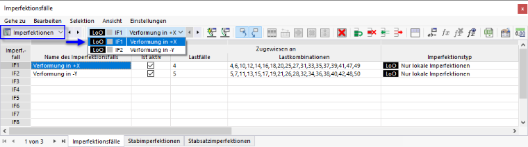 Imperfektionen und Imperfektionsfälle in Tabelle