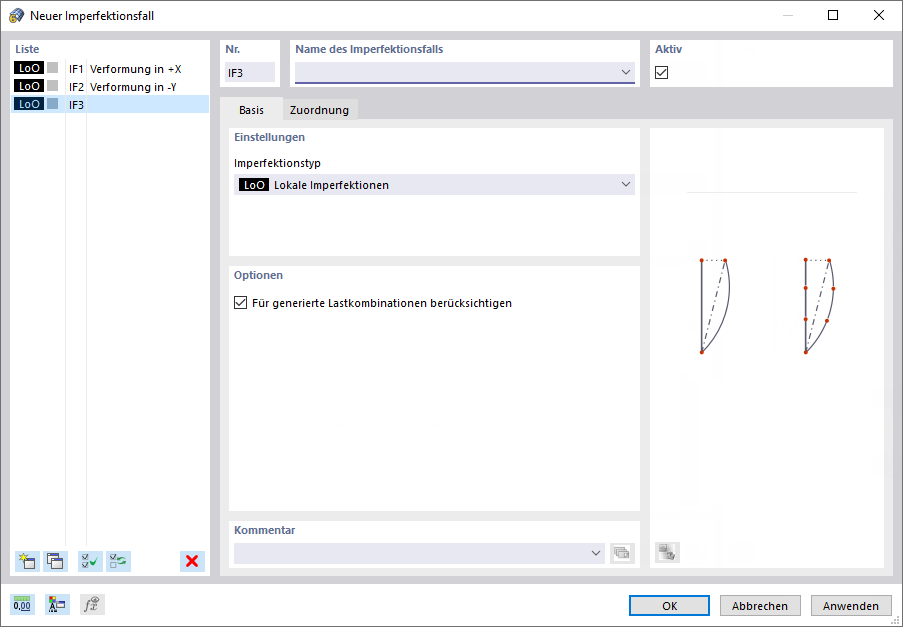 Dialog 'Neuer Imperfektionsfall'