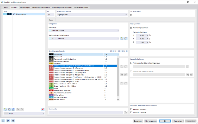 Automatische Erstellung von Lastfällen und Kombinationen in einem übersichtlichen Fenster